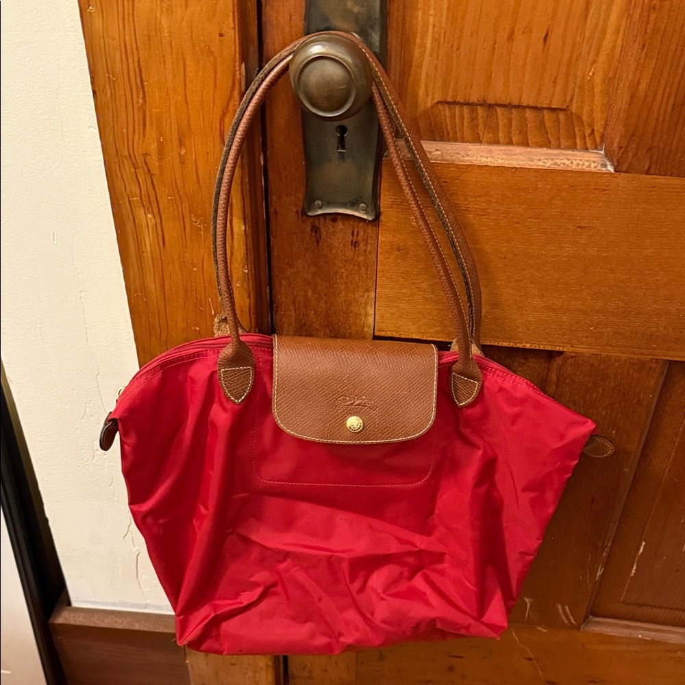 Longchamp Red Tote with Brown Handles